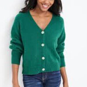 Vintage Cropped Textured Fuzzy Sweater Sz L Green Embellished Button
